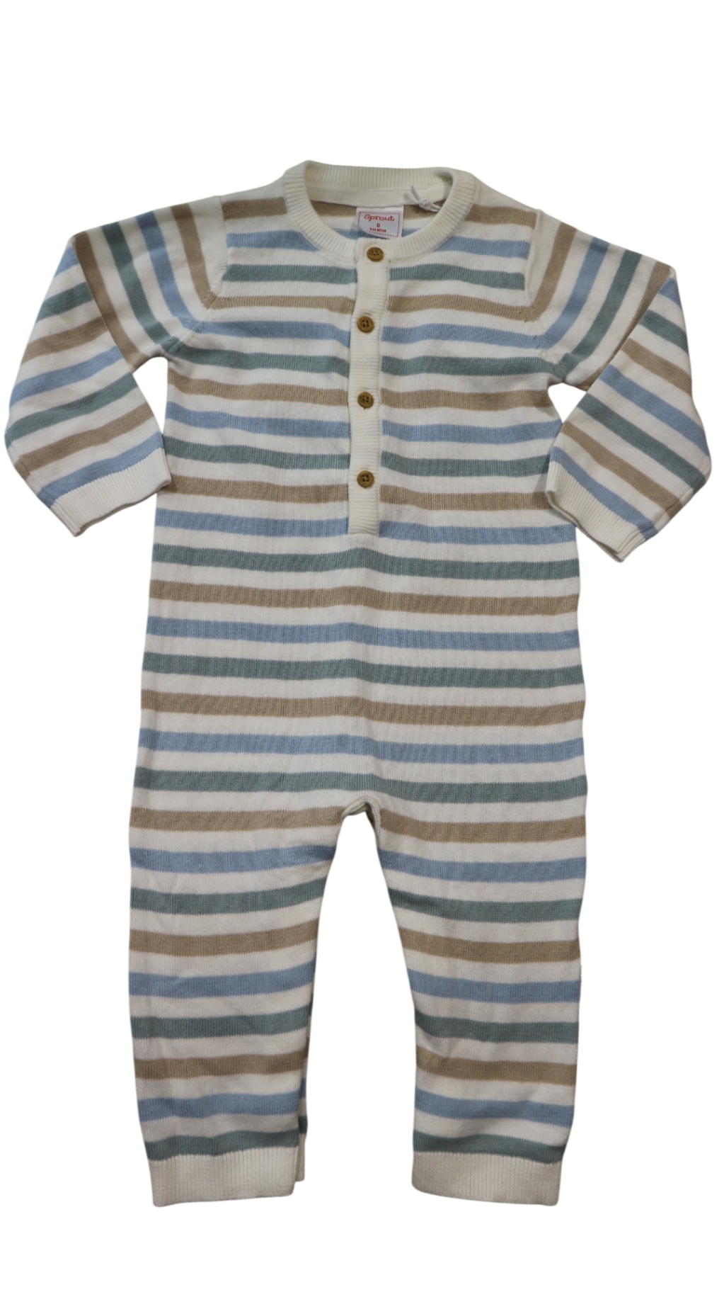 Sprout Jumpsuit, Cream with blue, teal and taupe stripes, 0