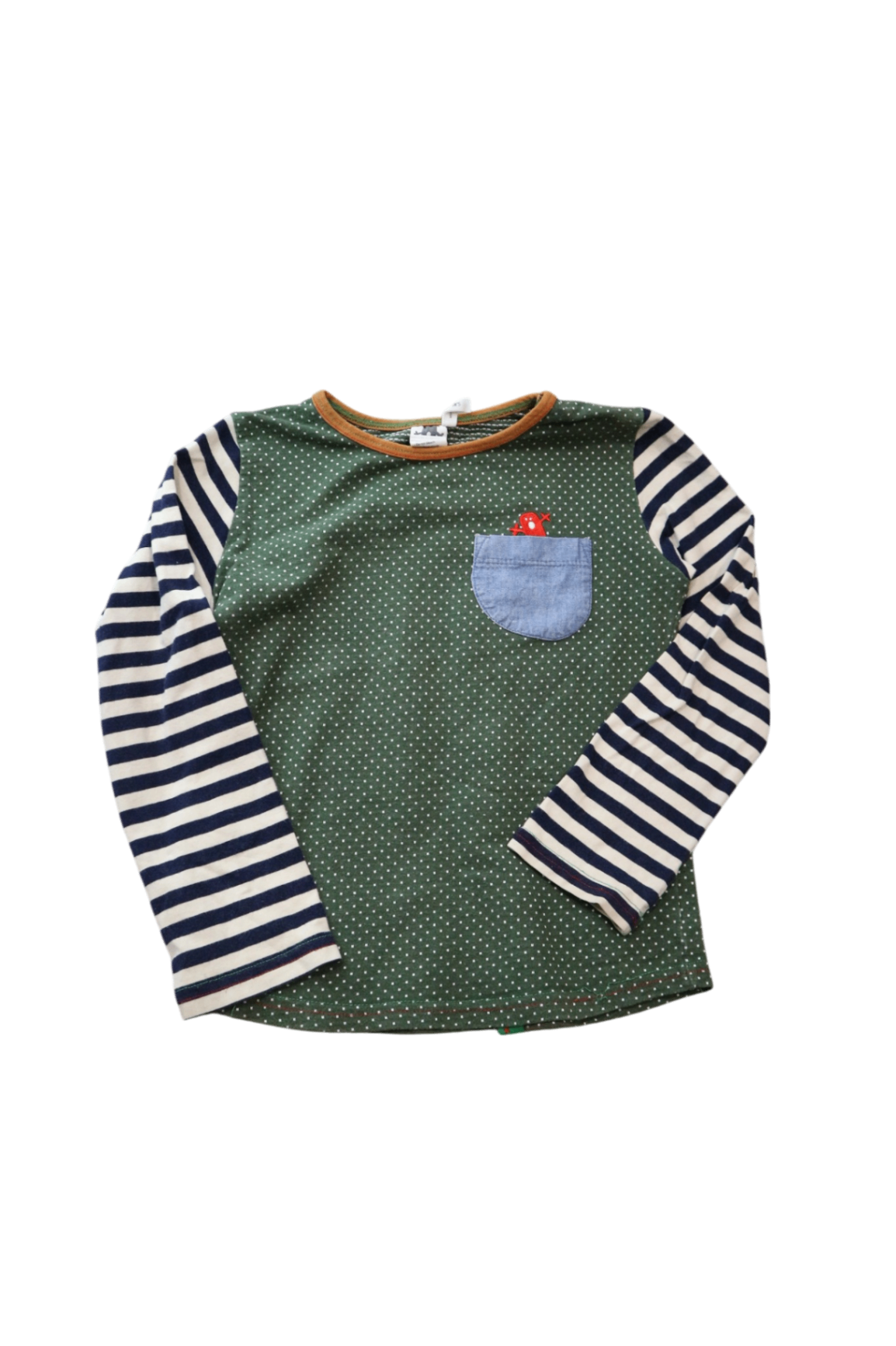 Oishi-m Long-Sleeve T-Shirt, Green with Blue Cream Stripe, 5-6Y