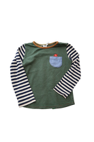 Oishi-m Long-Sleeve T-Shirt, Green with Blue Cream Stripe, 5-6Y