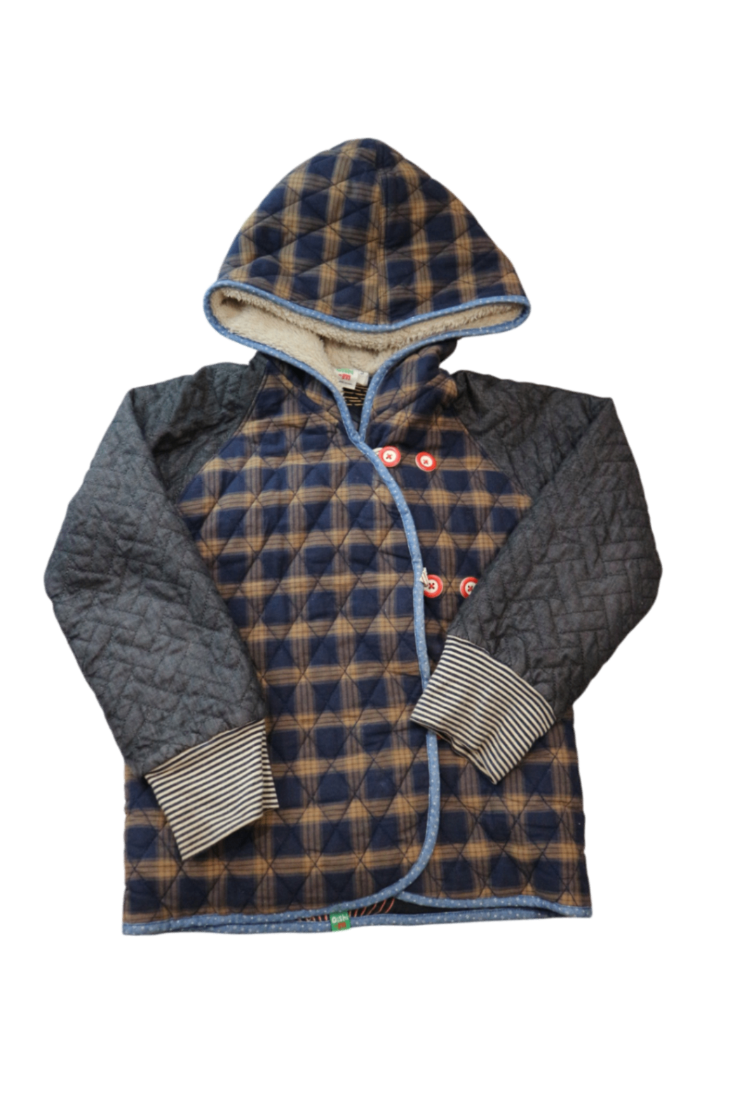 Oishi-m Jacket, Navy Blue Brown Plaid, 7-8Y