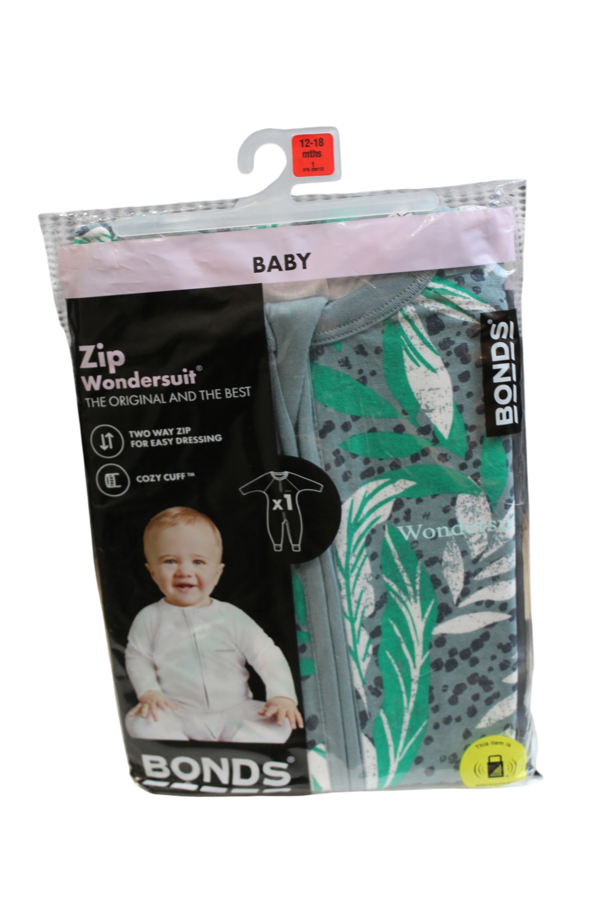 Bonds Jumpsuit, Grey with green and white print, 1 (12-18 mths)