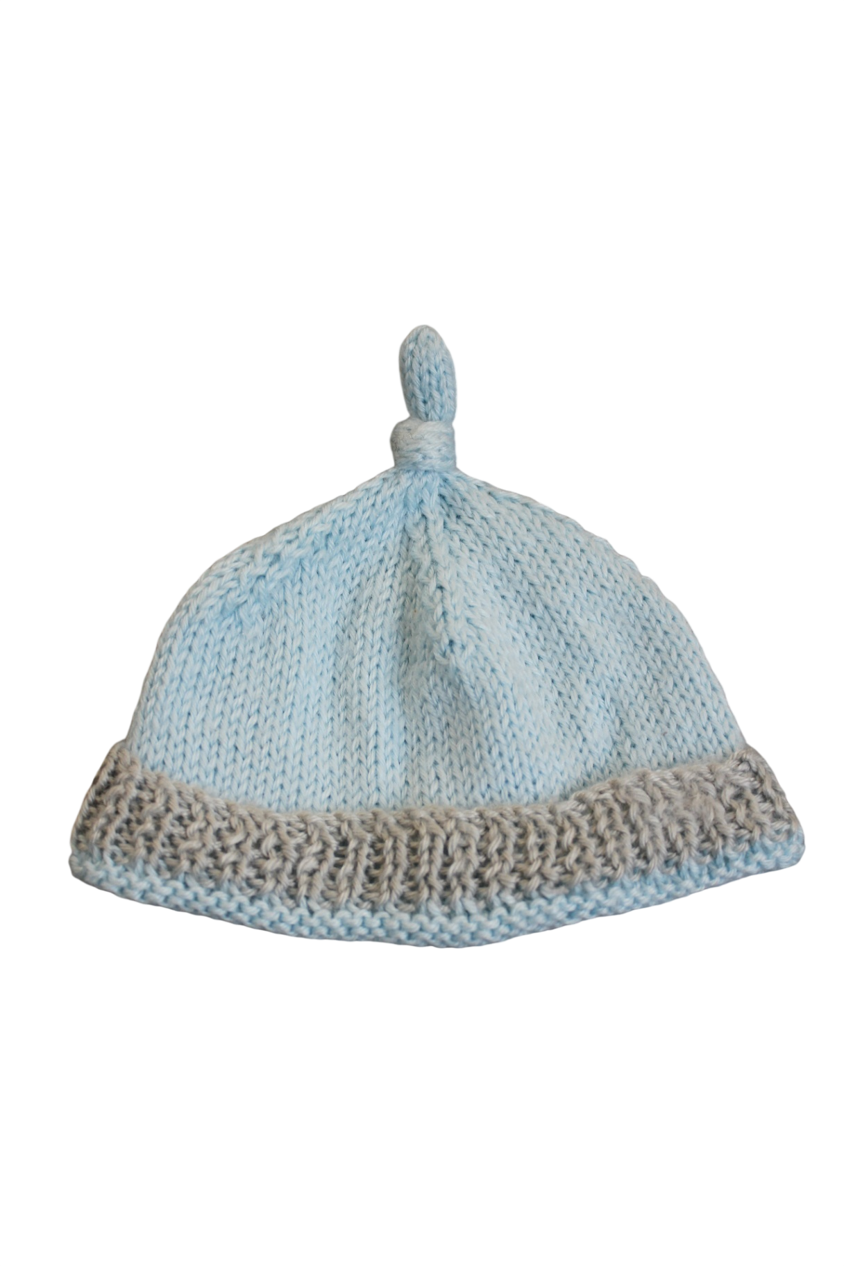 Handknit Knit Hat, Light Blue and Grey, 0000