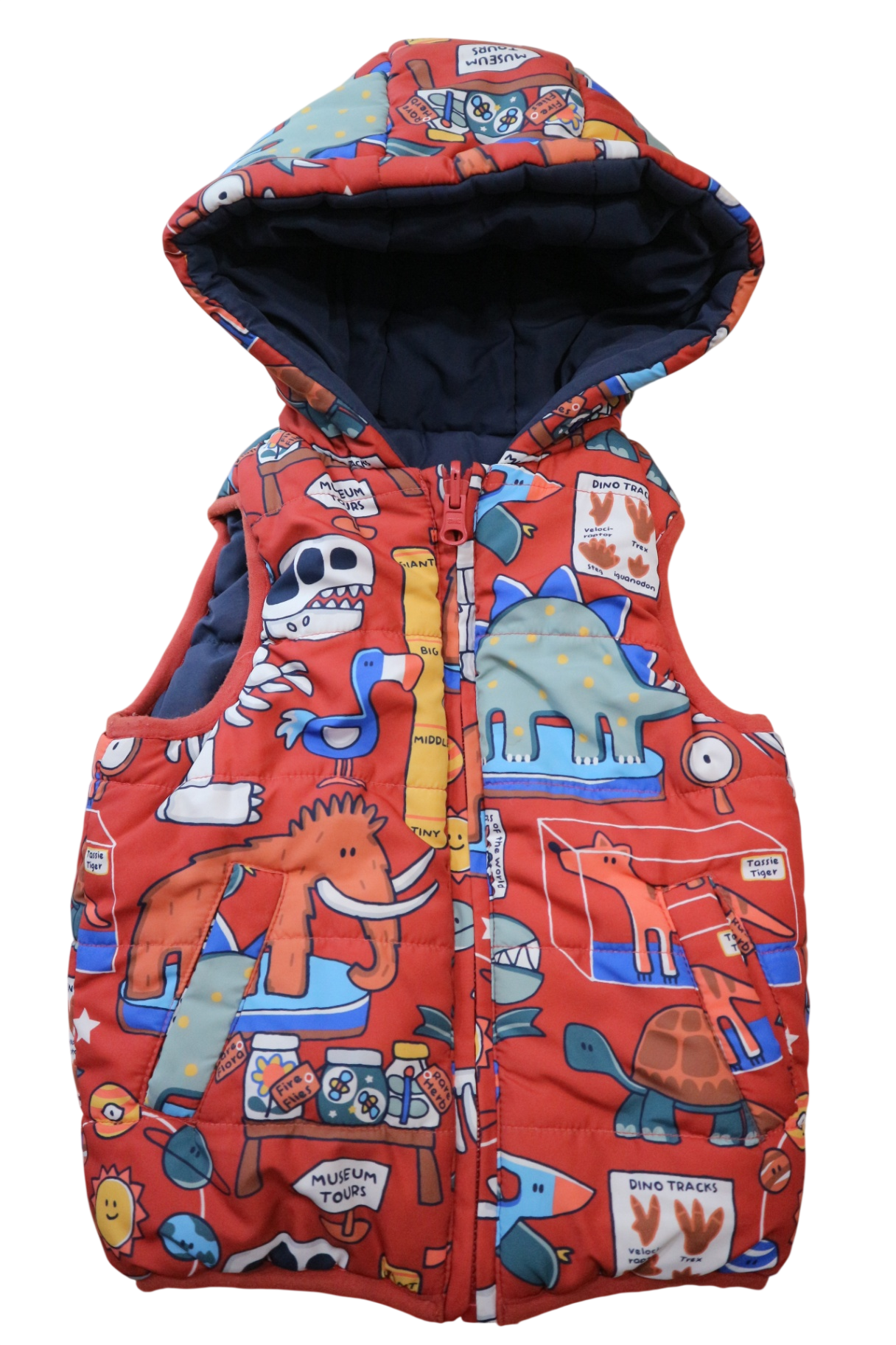 Jack & Milly Puffer Vest, Red Print/Navy Inner, 2