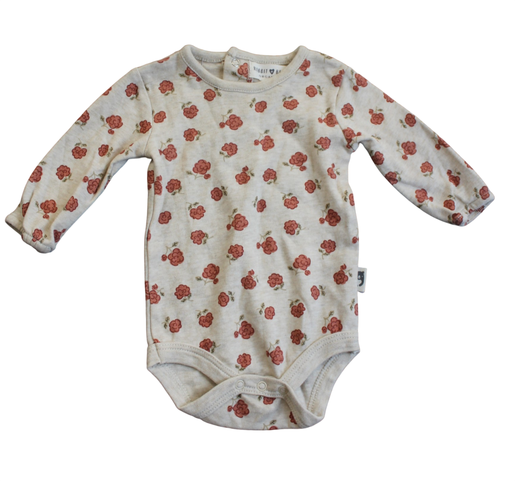 Rabbit & Bear Bodysuit, Beige marle/flowers, 000