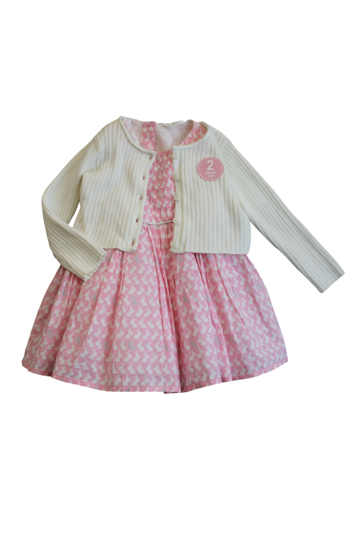 Next 2 Piece Set (Dress + Cardigan), Off White/Pink rabbit print, 6-9m