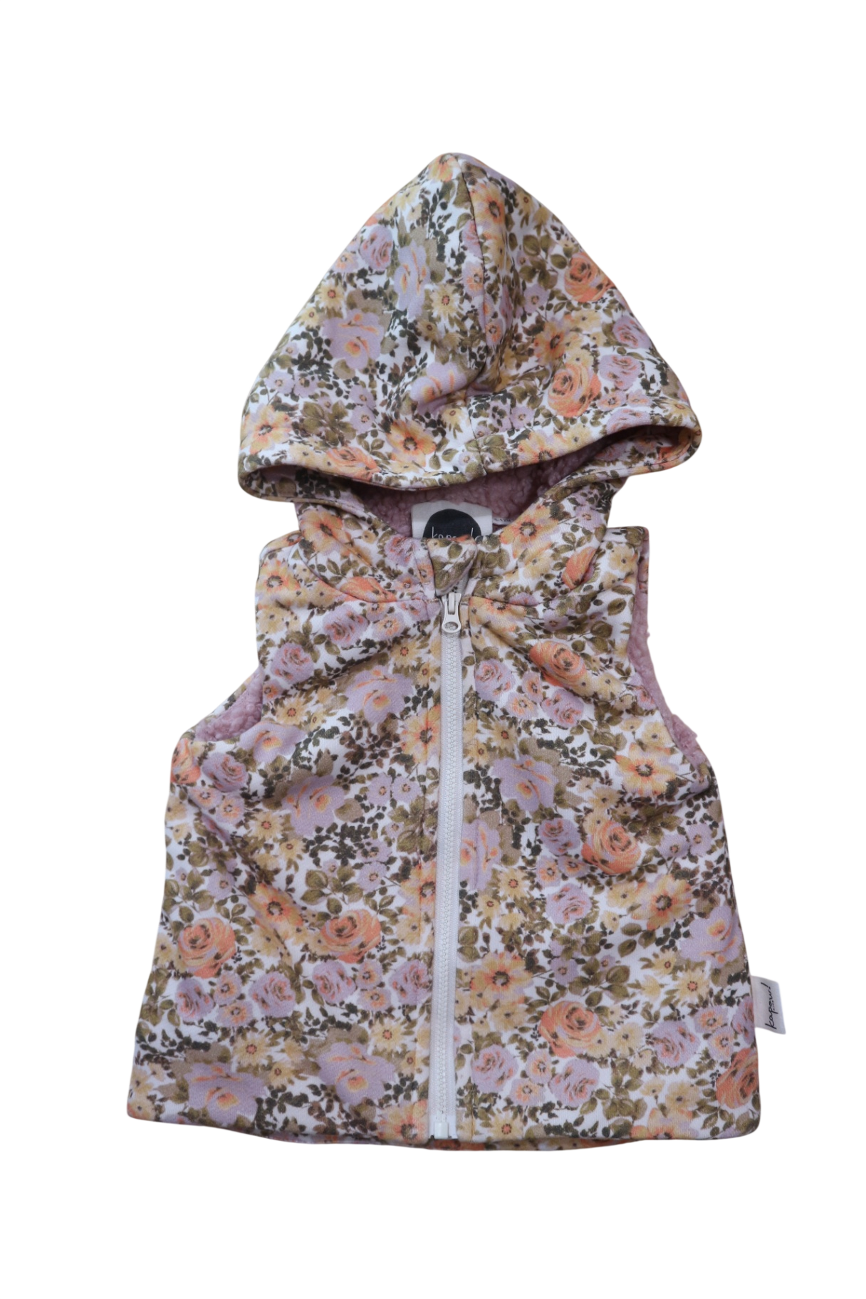 Kapow Puffer Vest, Multicolour floral with pink, peach, lilac and olive tones, 0
