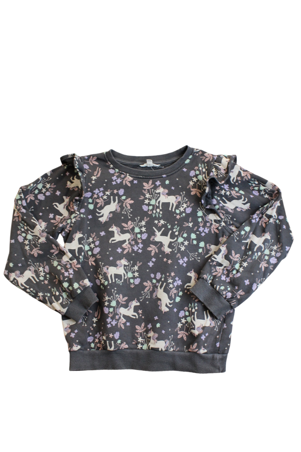 Milkshake Jumper, Charcoal grey with pastel unicorn and floral print, 8