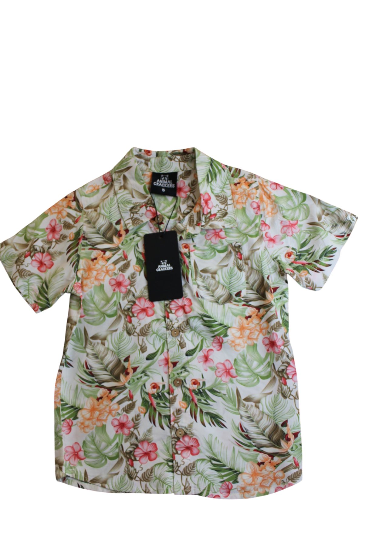 Animal Crackers Shirt, White with green, pink, orange and brown floral print, 5