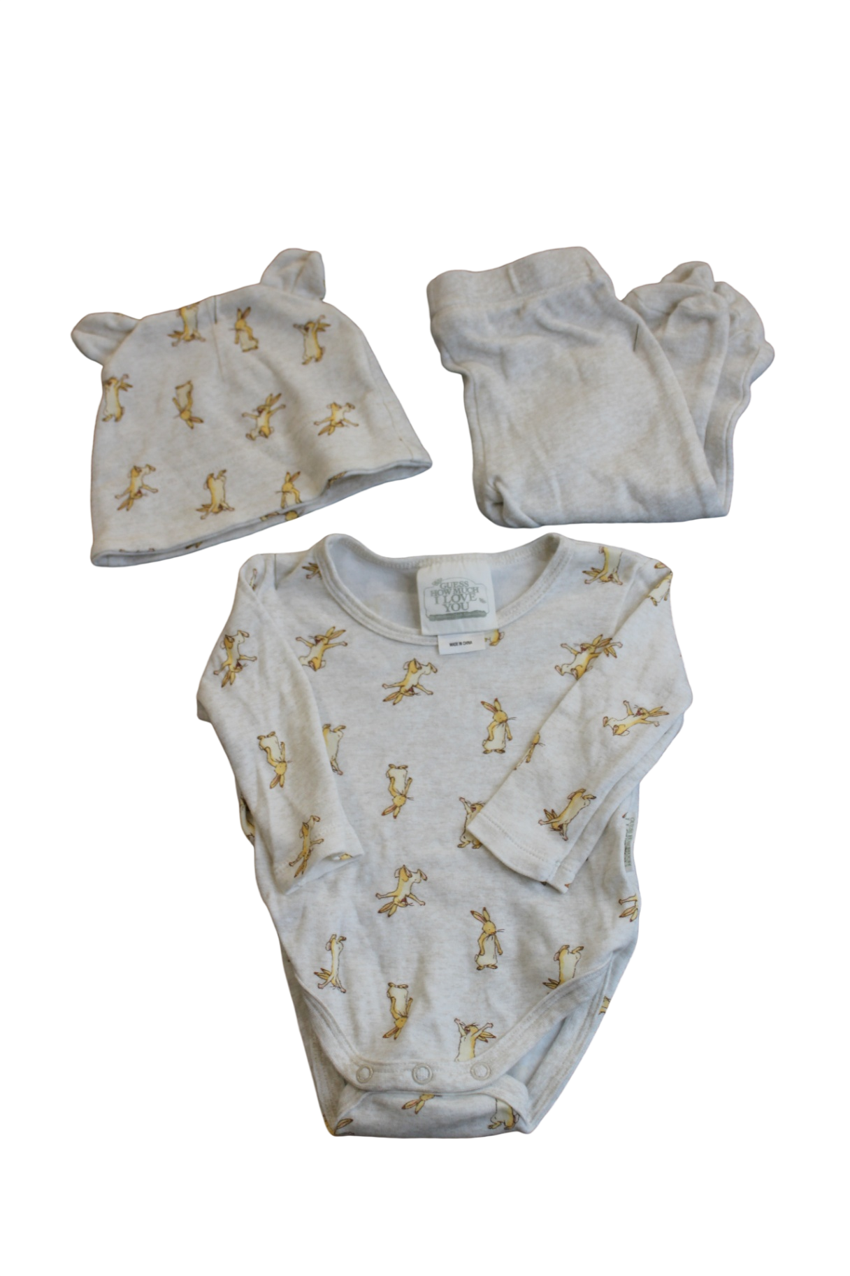 Guess How Much I Love You Set (bodysuit/hat/leggings), Grey and cream with yellow, 000