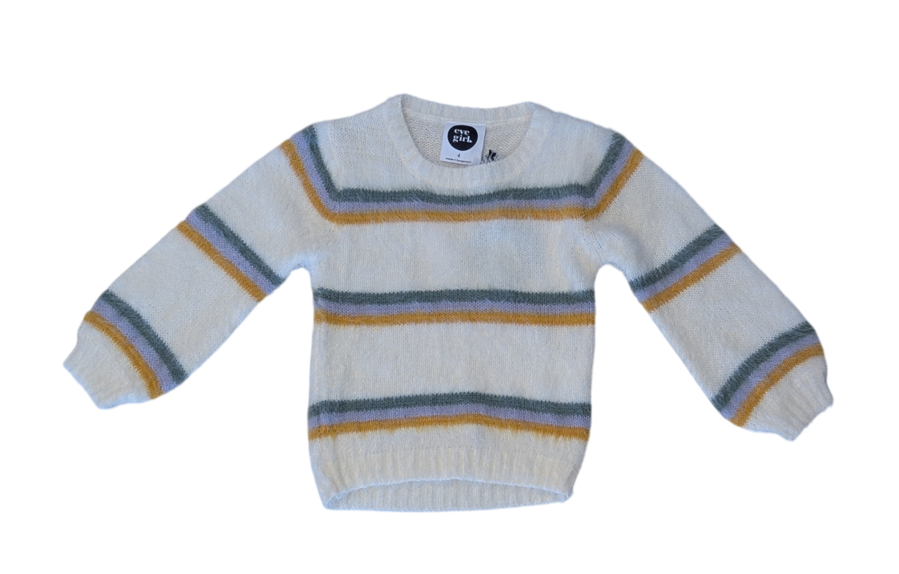 Eve Girl Jumper, White with green/lavender/mustard stripe, 4