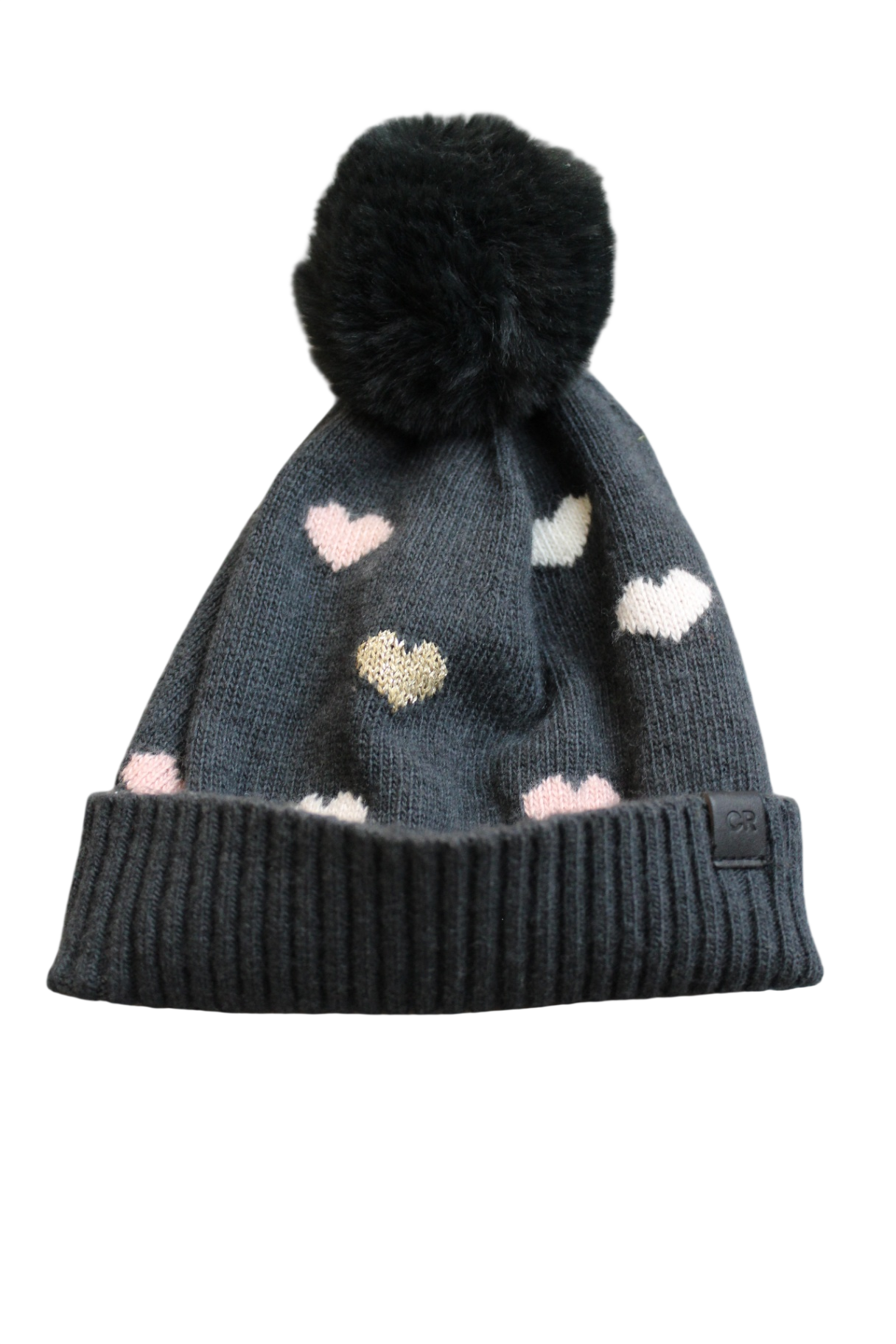 Country Road Beanie, Charcoal black with pastel heart accents, One Size