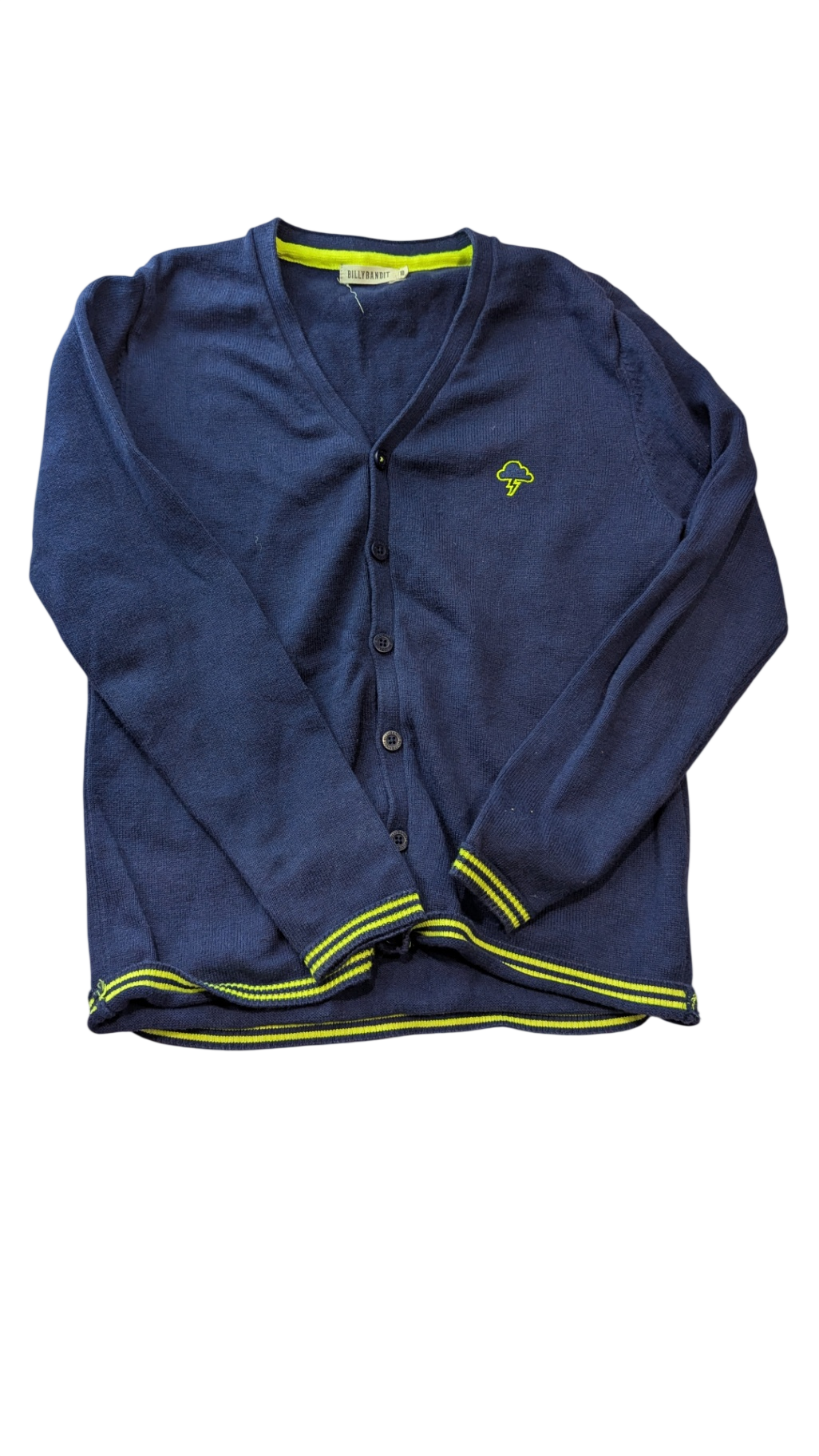 Billybandit Cardigan, Navy Blue with Lime Yellow Trim, 10