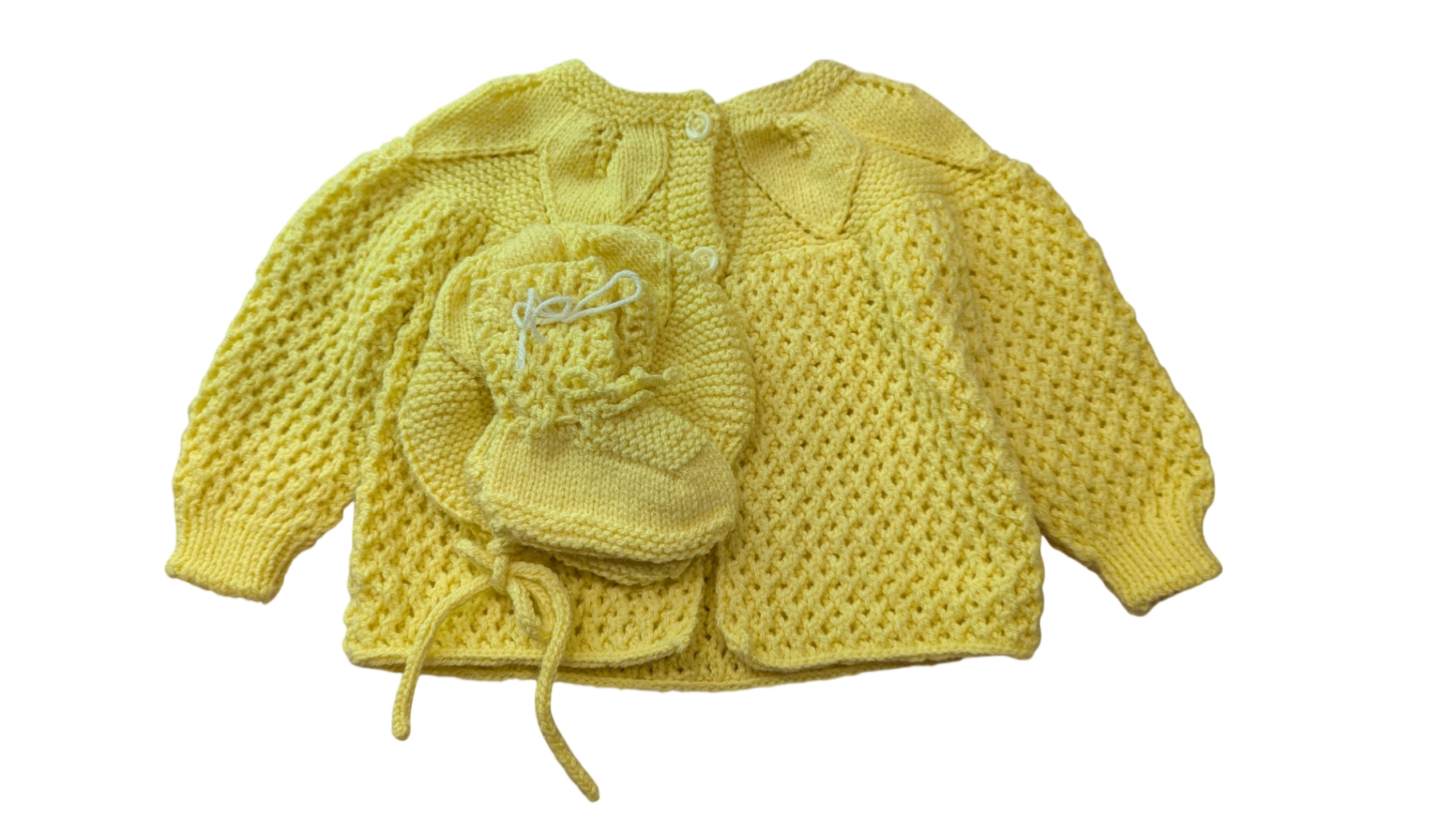 Handnit Cardigan, beamie + booties, Yellow, 00