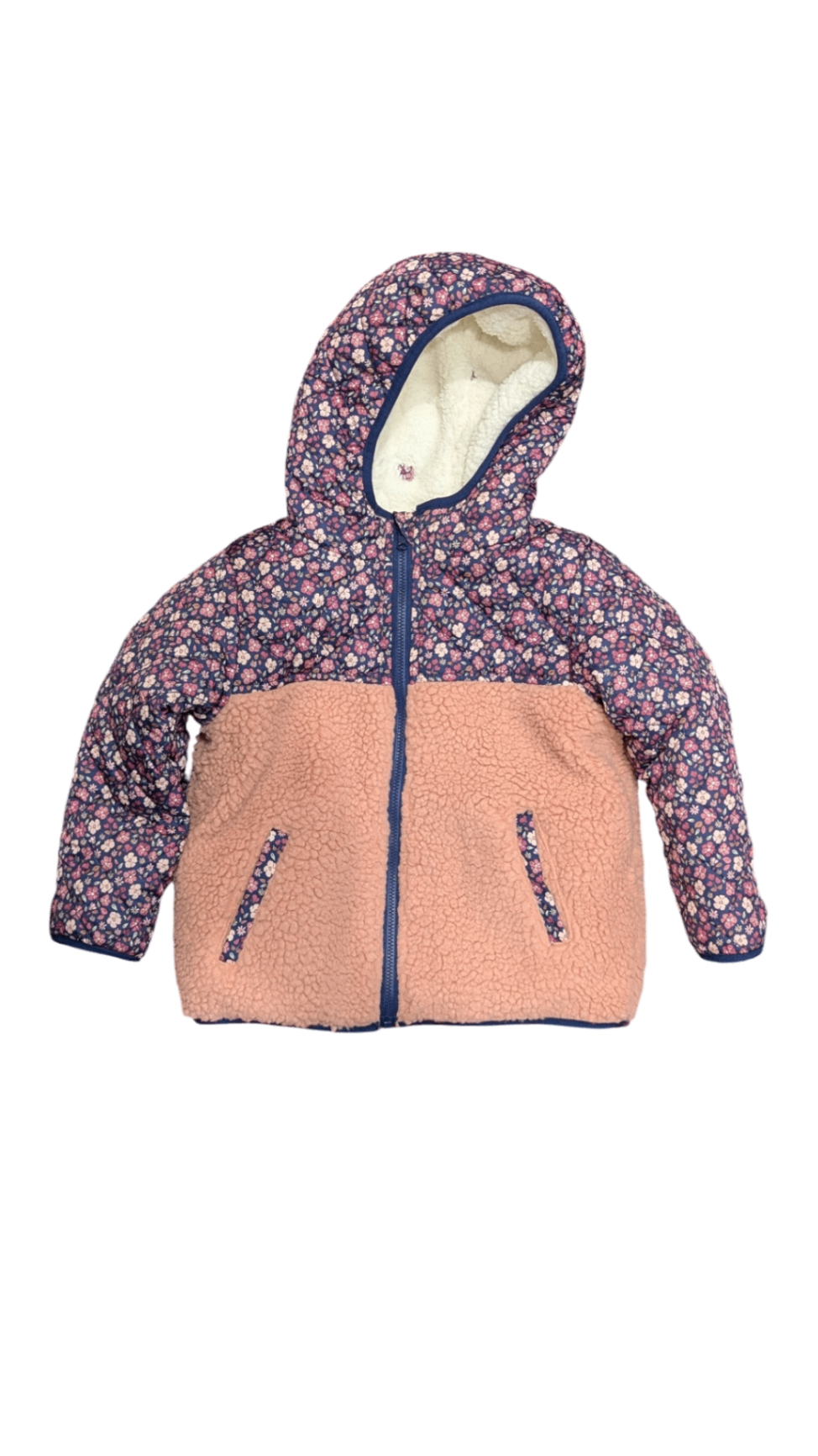 Jojo Maman Bebe Puffer Jacket, Navy w Floral & Pink Sherpa, 3-4Y