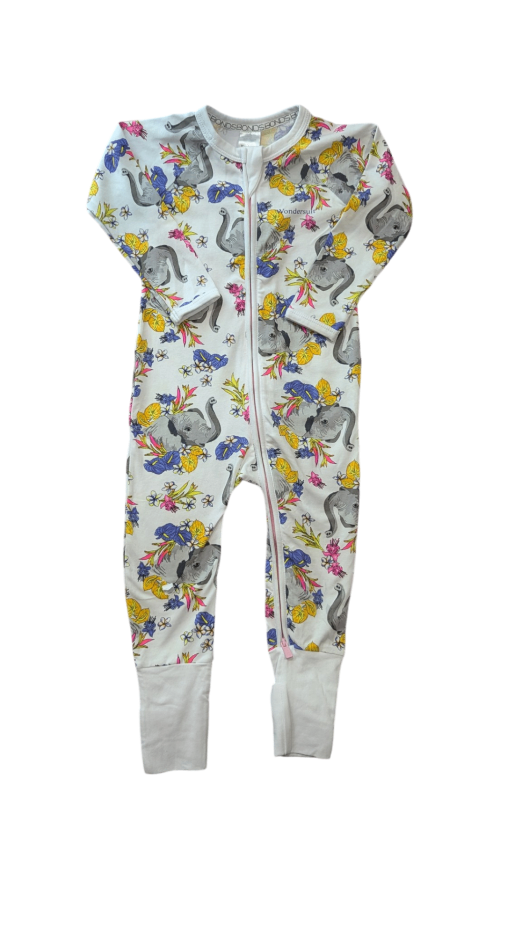 Bonds Jumpsuit, White with multicolour floral and grey elephant print, 1