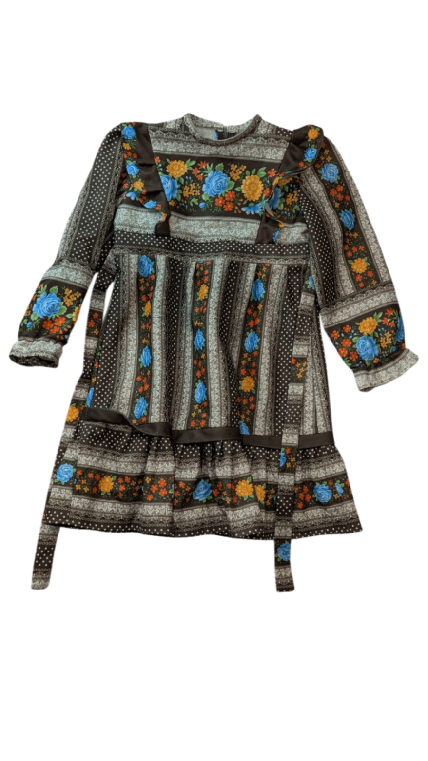Vintage/Handmade Dress, Brown with multicolour floral print, 7-8
