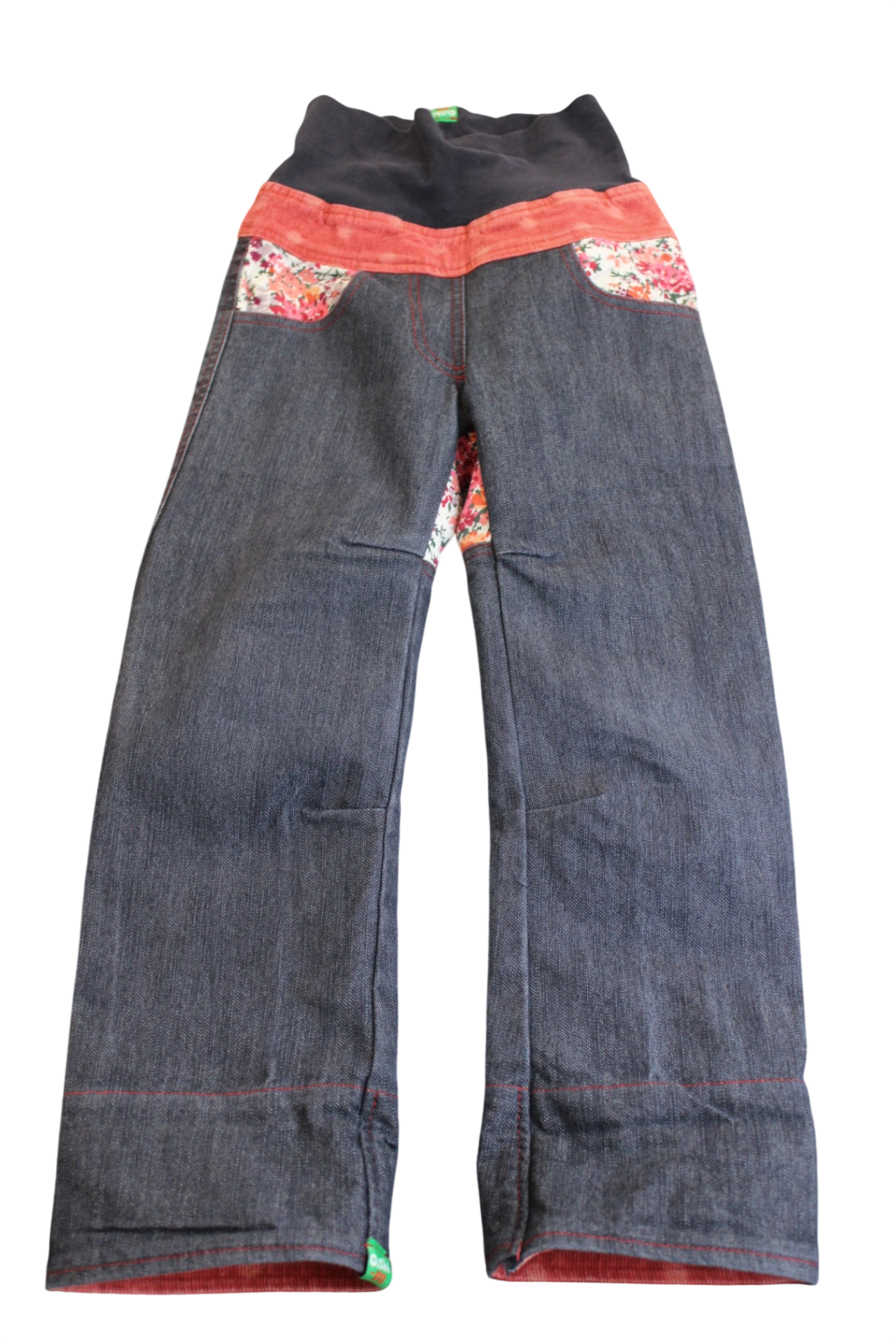 Oishi-m Pants, Dark Blue with floral accents and red cuffs, 5