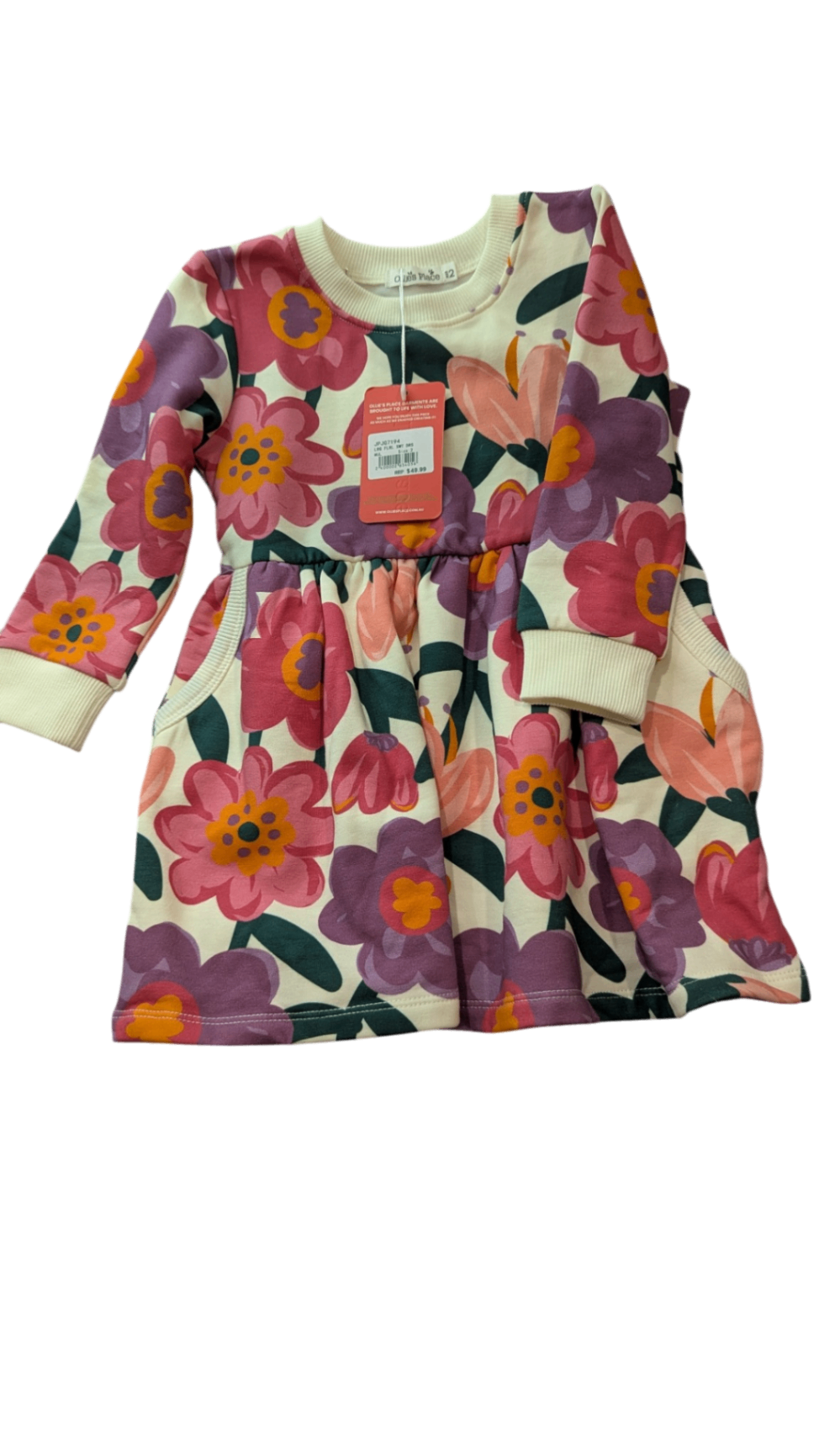Ollie's Place Dress, Cream with pink, purple, orange and green floral print, 2