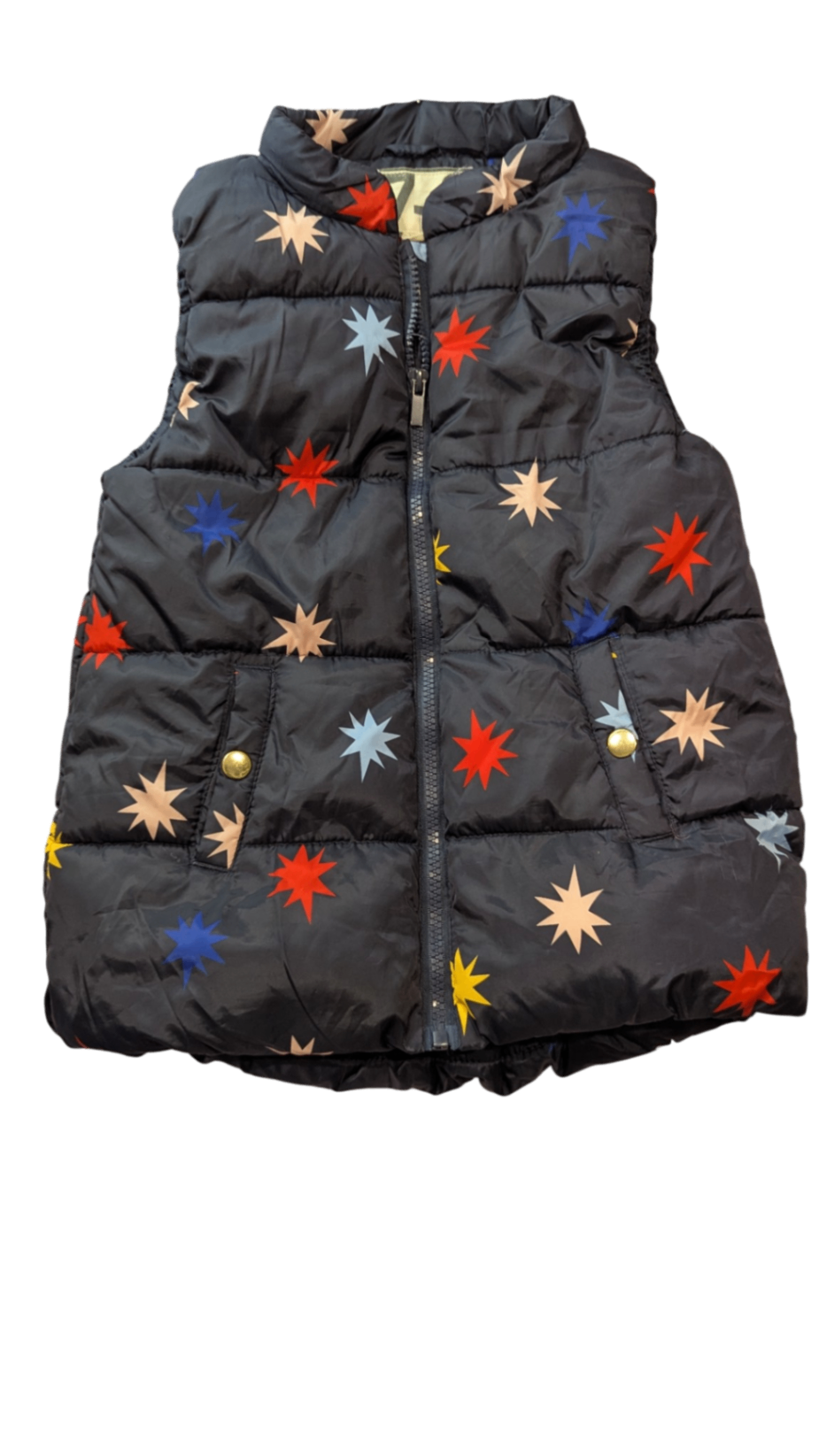 Cotton On Puffer Vest, Black with multicolour star print, 7-8