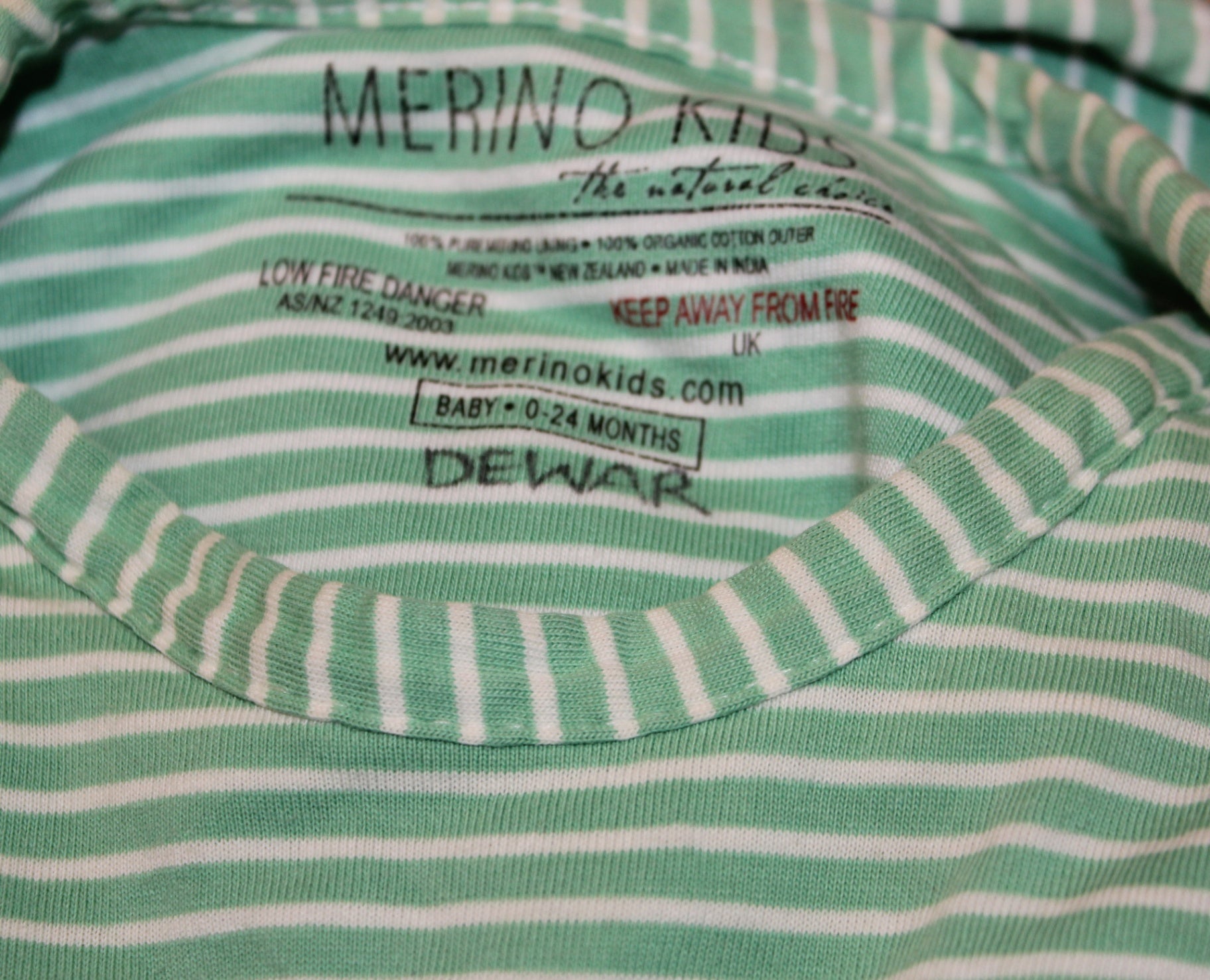 Merino Kids Sleeping Bag, Mint and white stripe, 0-24m