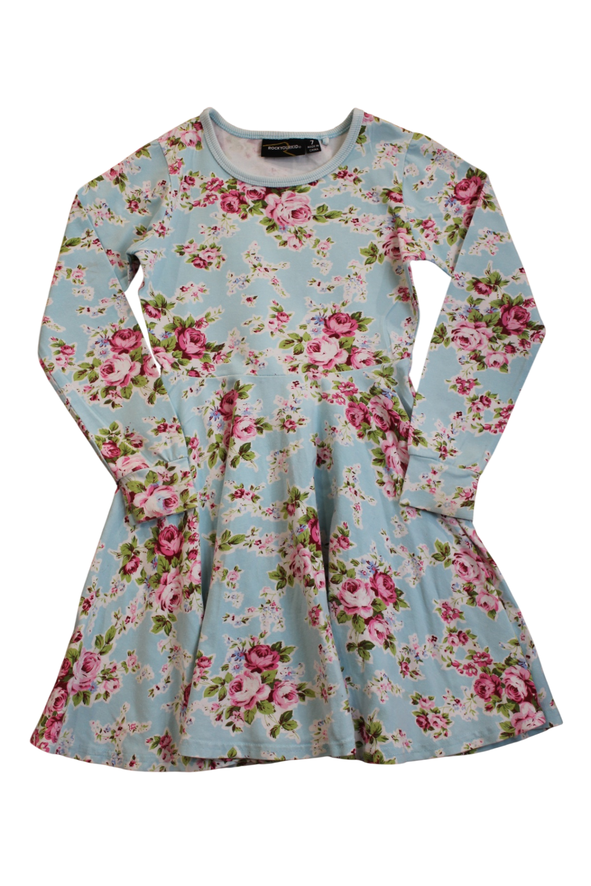 Rock Your Kid Dress, Light blue with pink floral print, 7