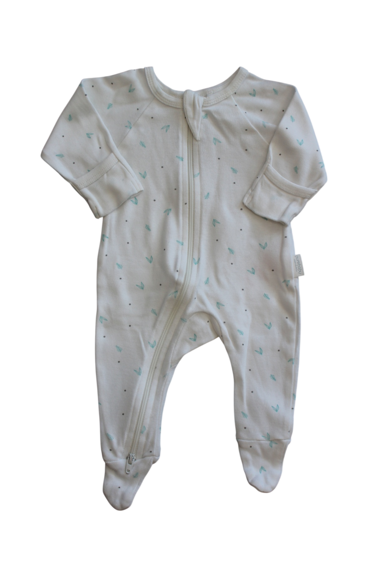 Purebaby Jumpsuit, White with teal leaves, 0000