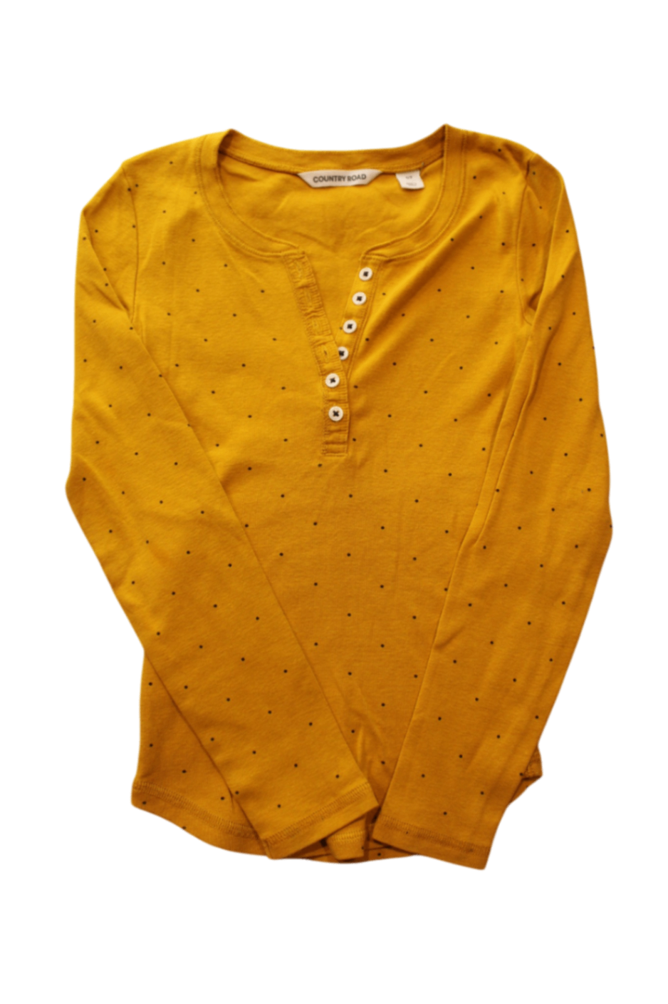 Country Road Long-Sleeve T-Shirt, Mustard yellow with black polka dots, 7