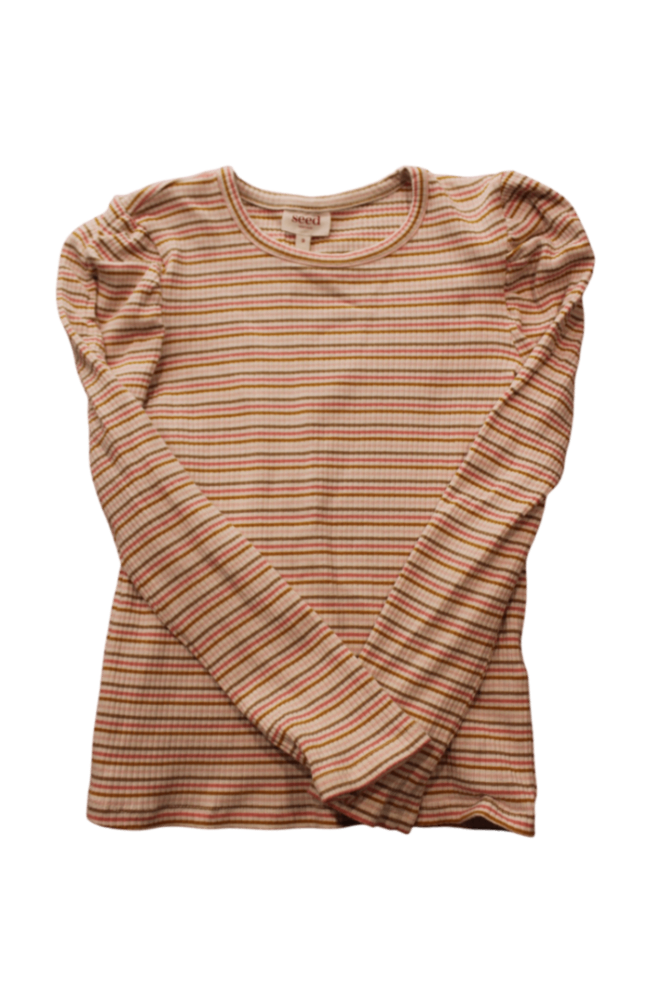 Seed Heritage Long-Sleeve T-Shirt, Cream with pink, mustard and brown stripes, 9