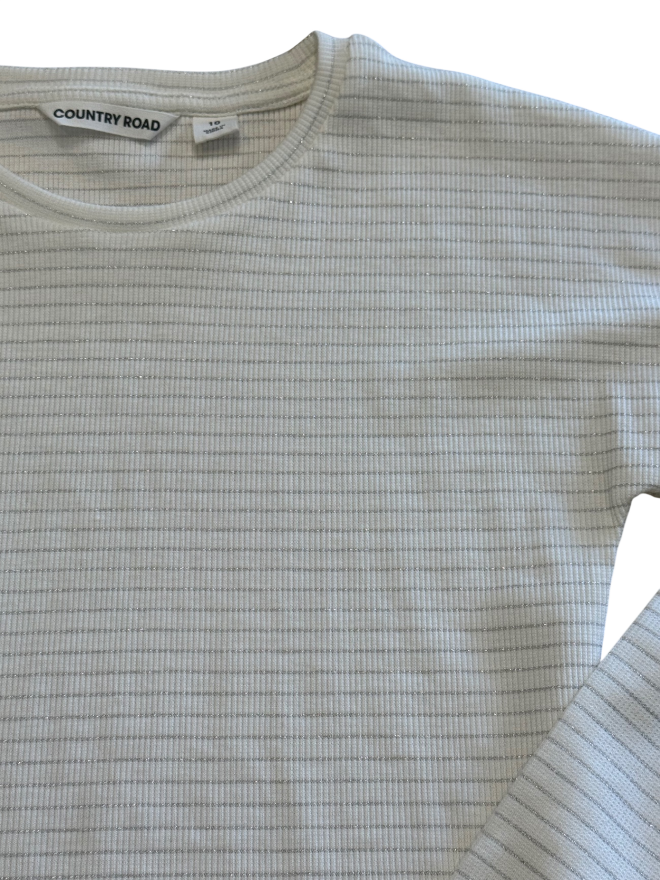 Country Road Long-Sleeve Top, White/metallic silver stripe, 10