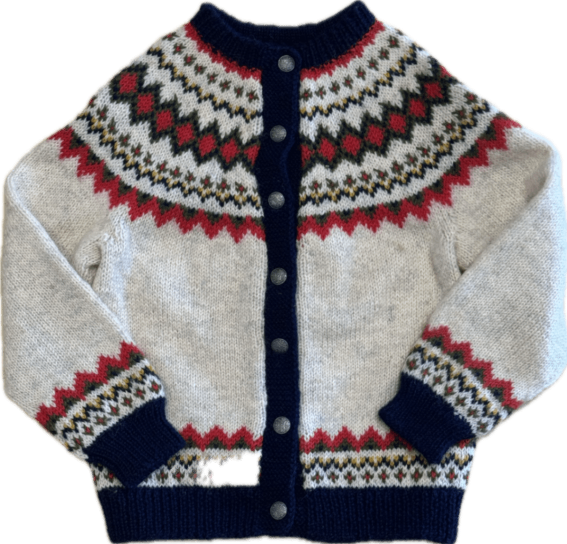 Oslo Sweater Shop (Handknitted) Cardigan, Cream/grey, navy, red, 6?