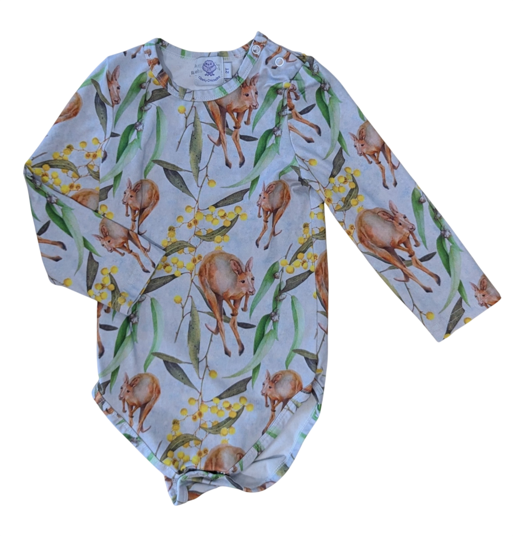 Cheeky Chickadee Bodysuit, Light Blue/Purple, Australian native print, 2