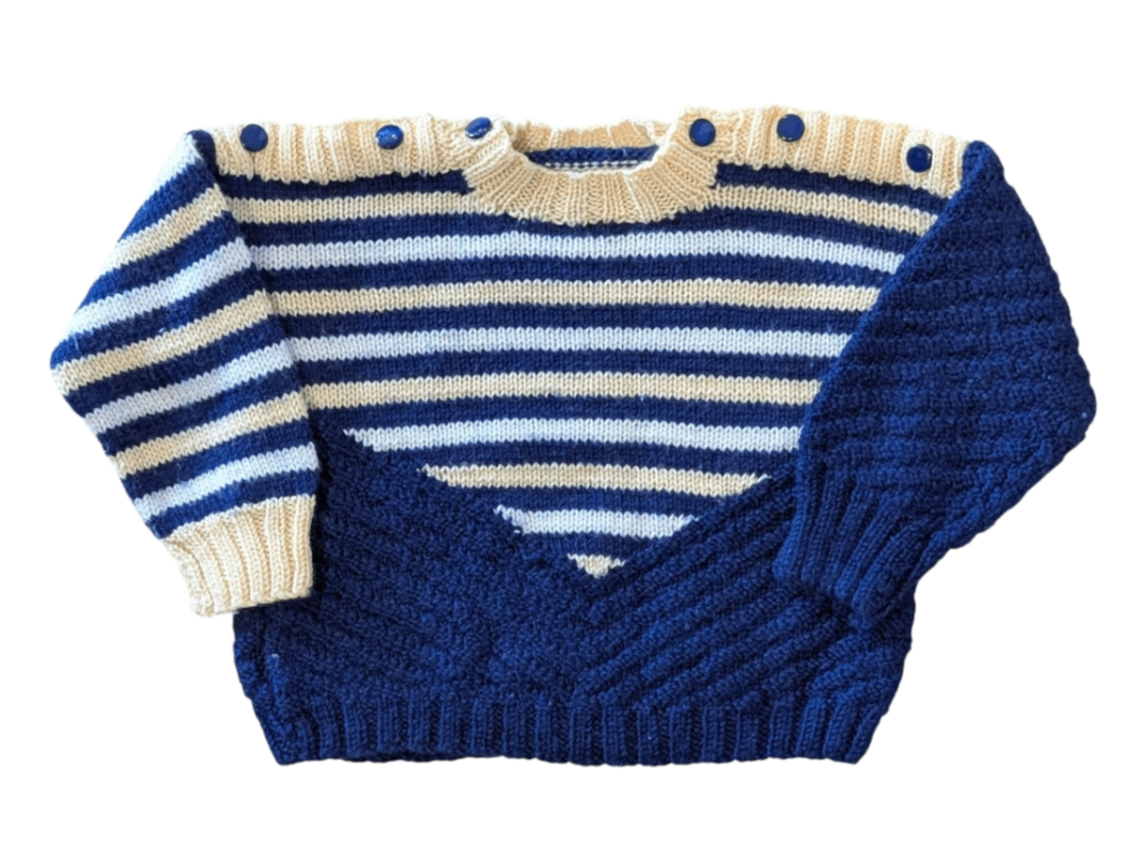 Handmade Jumper, Blue w Yellow White Stripes, 12M