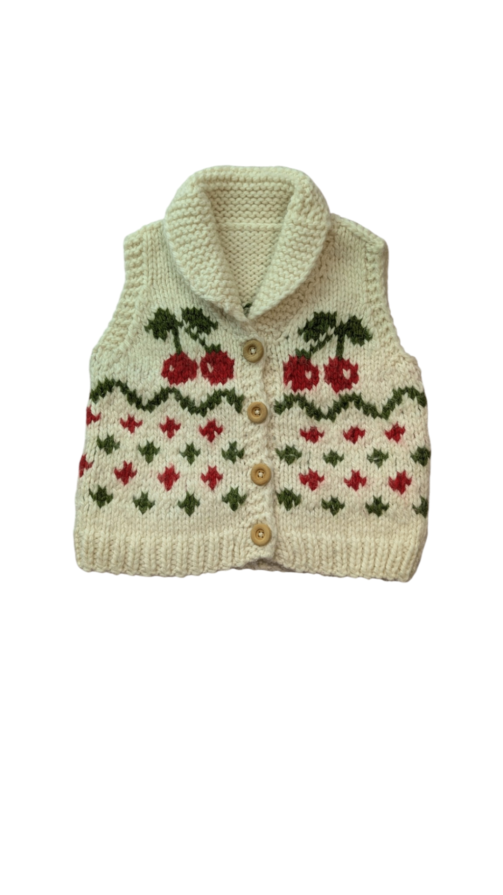 Handknit Knit Vest, Cream with red and green pattern, 3-4