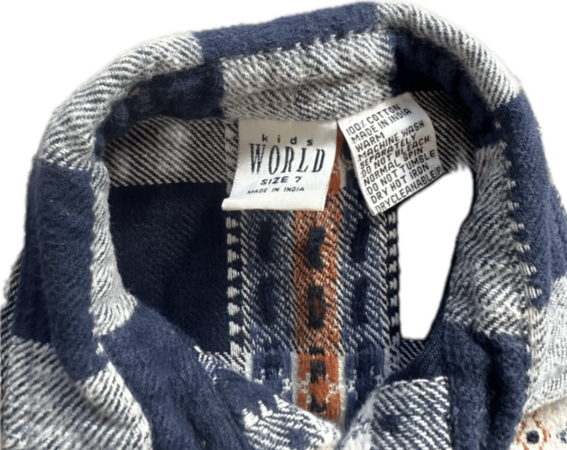 Kids World (vintage) Shirt, Navy, grey, cream and orange, 7