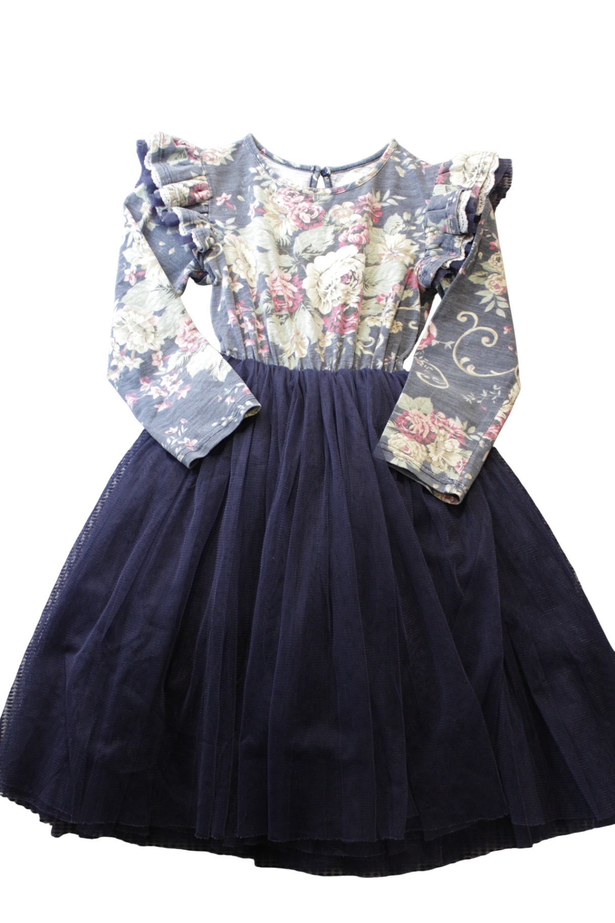 Designer Kidz Dress, Navy blue with floral multicolour, 6