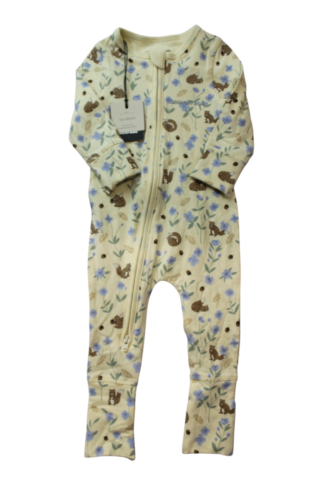Country Road Jumpsuit, Cream with blue and brown floral and animal print, 000 0-3 months