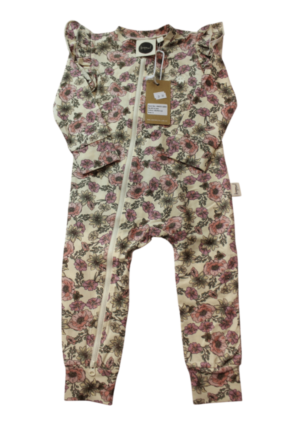 Kapow Kids Jumpsuit, Cream with pink and green floral print, 1