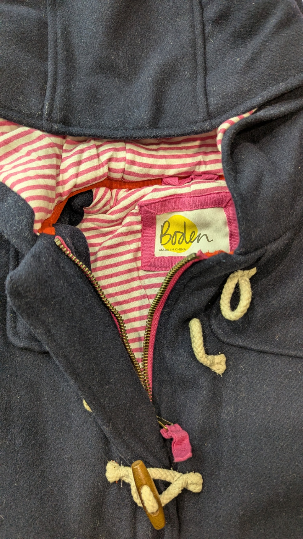 Boden Coat, Navy Blue/ Pink and White stripe Lining, 4