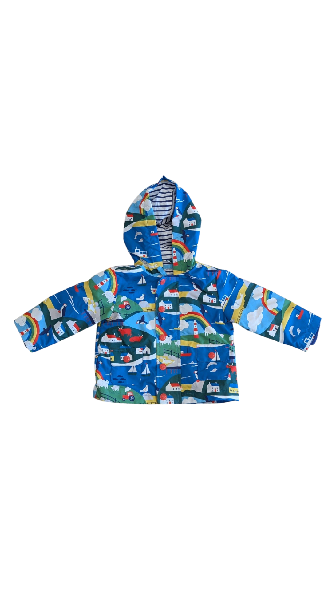 Mini Boden Raincoat, Blue w Multi Print, 6-9M