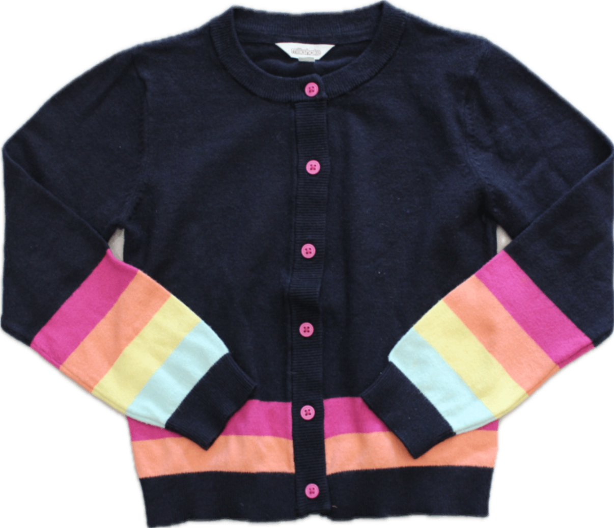 Milkshake Cardigan, Navy with multicolour rainbow stripes, 7