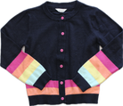 Milkshake Cardigan, Navy with multicolour rainbow stripes, 7