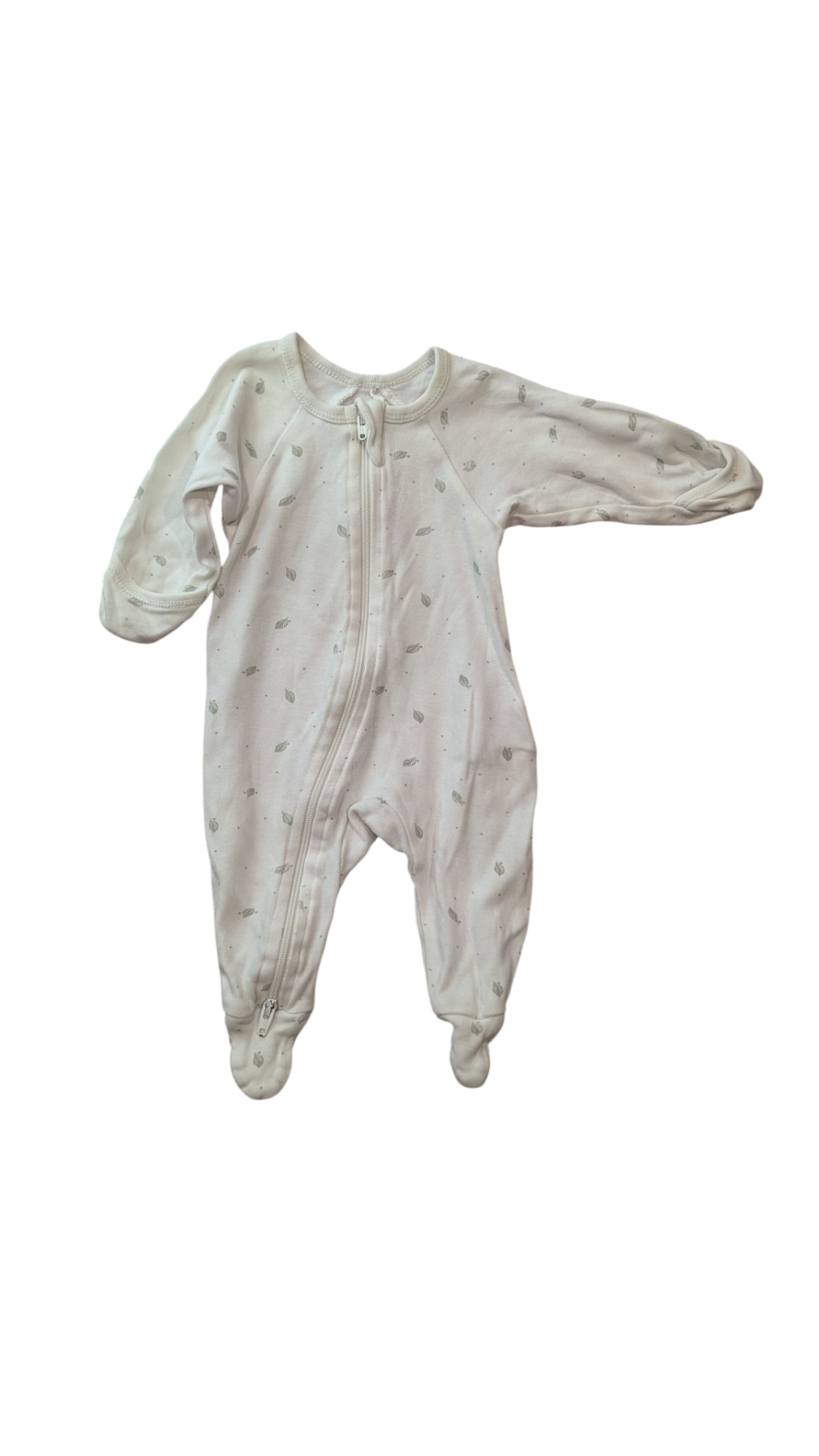 Purebaby Jumpsuit, White w Light Grey Leaves, 0000