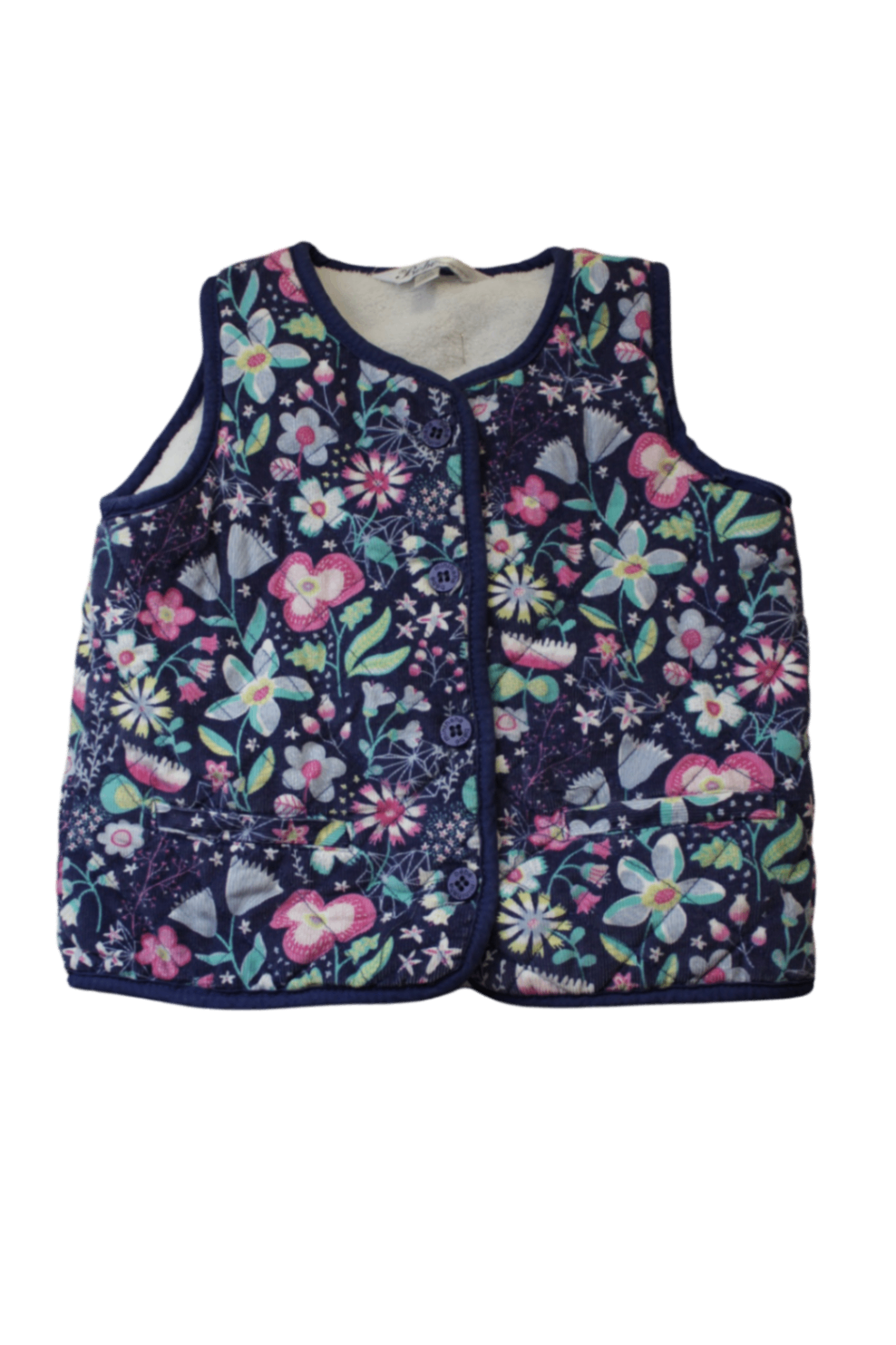 Bébé by minihaha Sleeveless Jacket, Navy blue with multicolour floral print, 18m