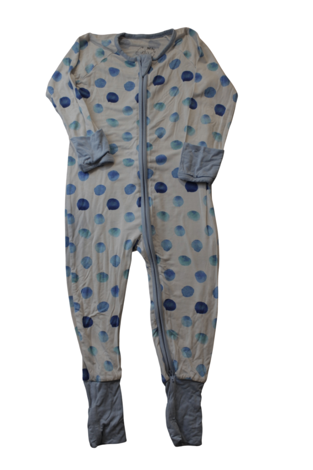 Unbranded Jumpsuit, White with blue polka dots and grey trim, 12-18 Months