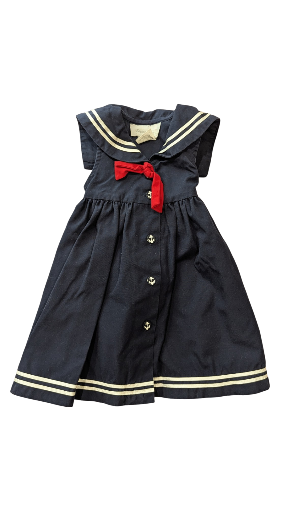 Sophie Rose Dress, Navy Blue, Cream Trim & Red Bow, 12M