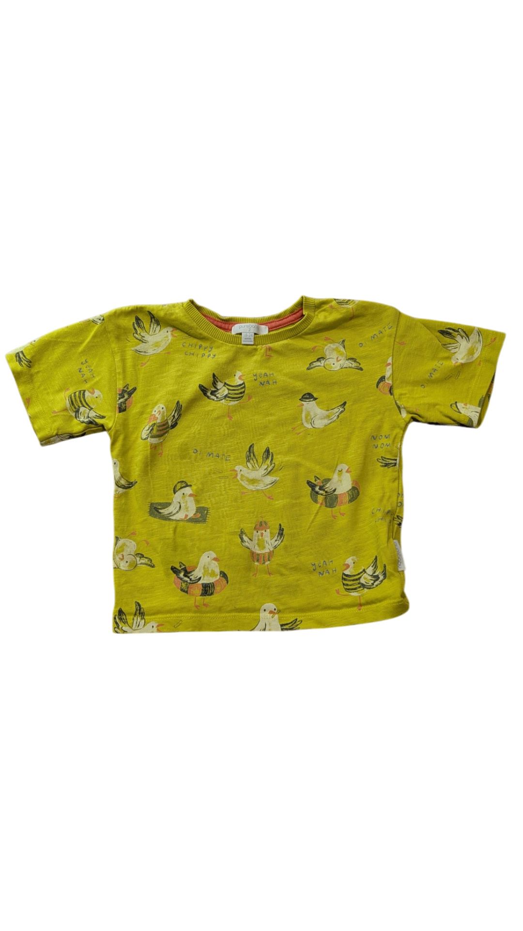 Purebaby T-Shirt, Lemon Yellow w Seagulls Print, 18-24M