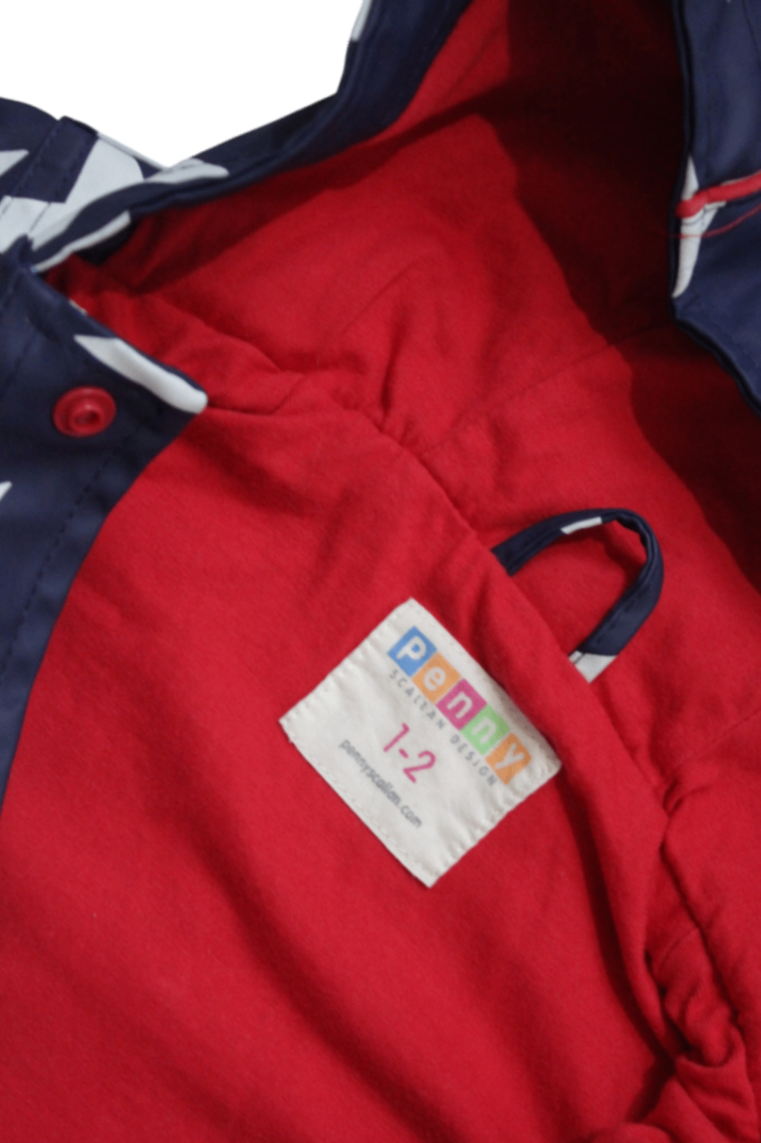 Penny Scallan Raincoat, Navy blue, white and red, 1-2