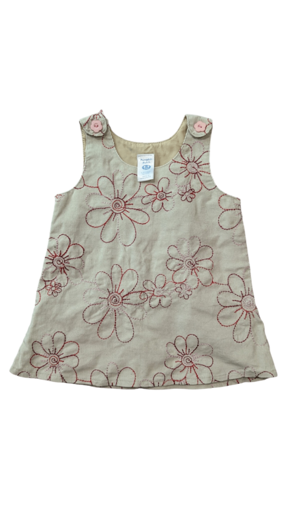 Pumpkin Patch Dress, Beige w Red Embriodered Flowers, 6-9M