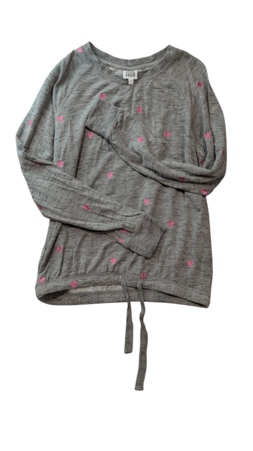 Seed Teen Long-Sleeve T-Shirt, Grey w Pink Hearts, 12Y