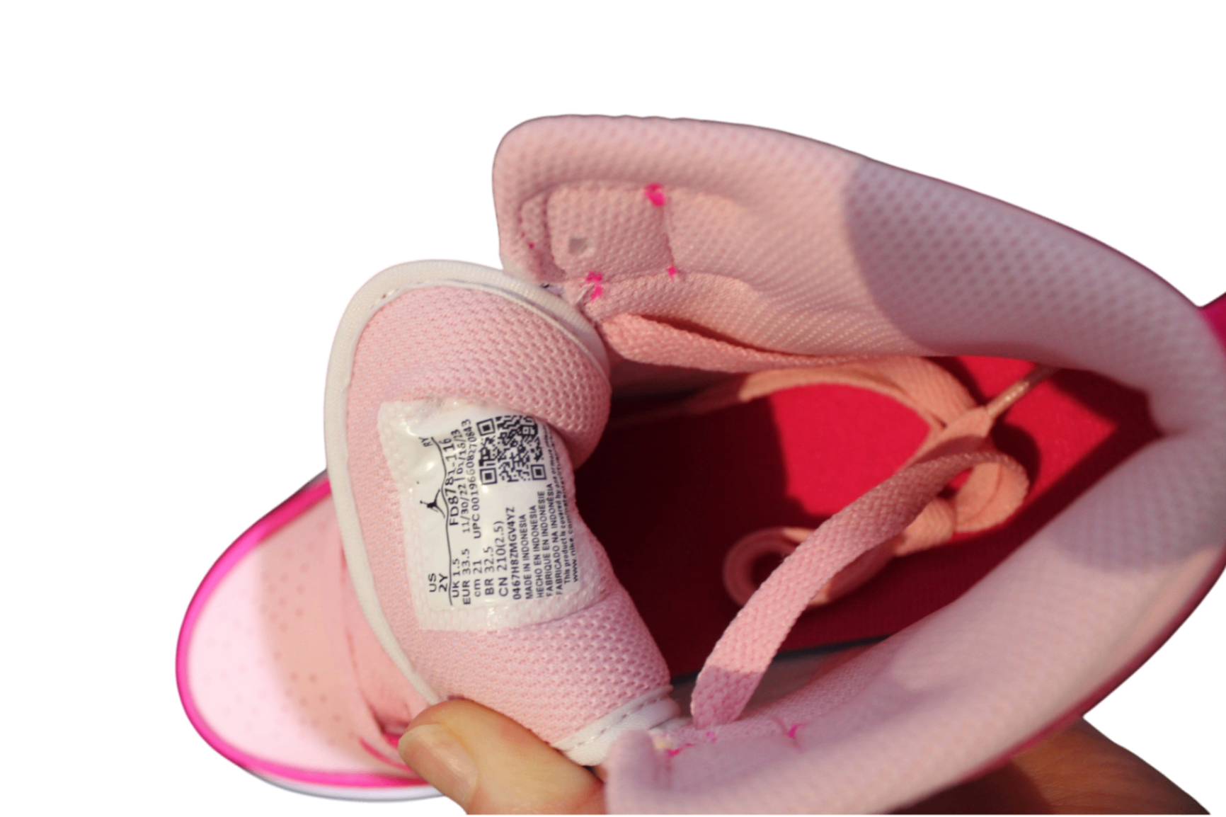 Jordan Sneakers, Pink and White, US 2Y / UK 1.5 / EUR 33.5 / CM 21.5